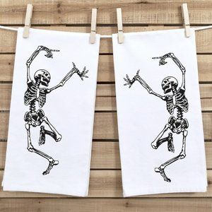 Tea Towels, Set of 2, Dancing Skeletons, Halloween